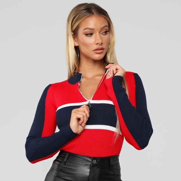 Red and Blue O-Ring Zipper Sweater - Picture 9 of 17